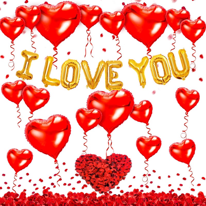 kortes I Love You Balloons and Heart Balloons Kit with Rose Petals, Valentines Day Decorations for Party - Image 1